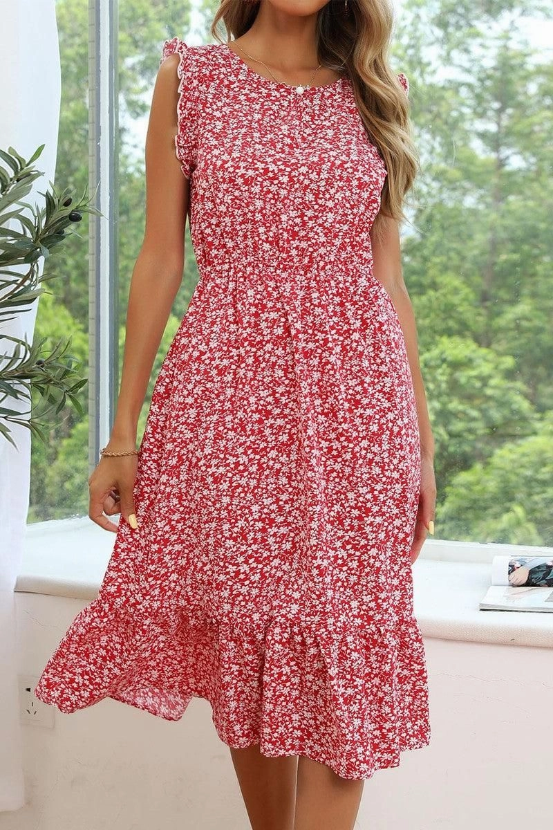 Simple Flow SLEEVELESS LACED ROUND NECK FLORAL PRINTED DRESS