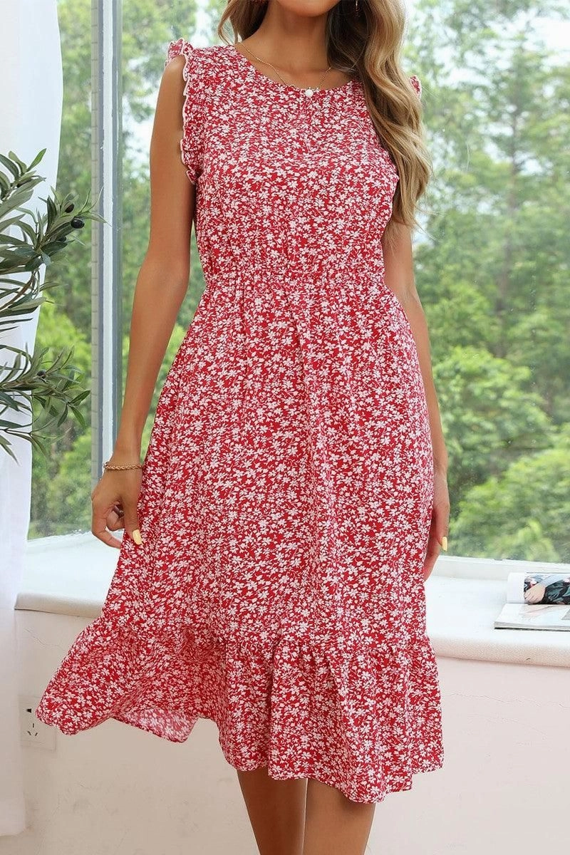 SLEEVELESS LACED ROUND NECK FLORAL PRINTED DRESS Flattering Layer Versatile Edge
