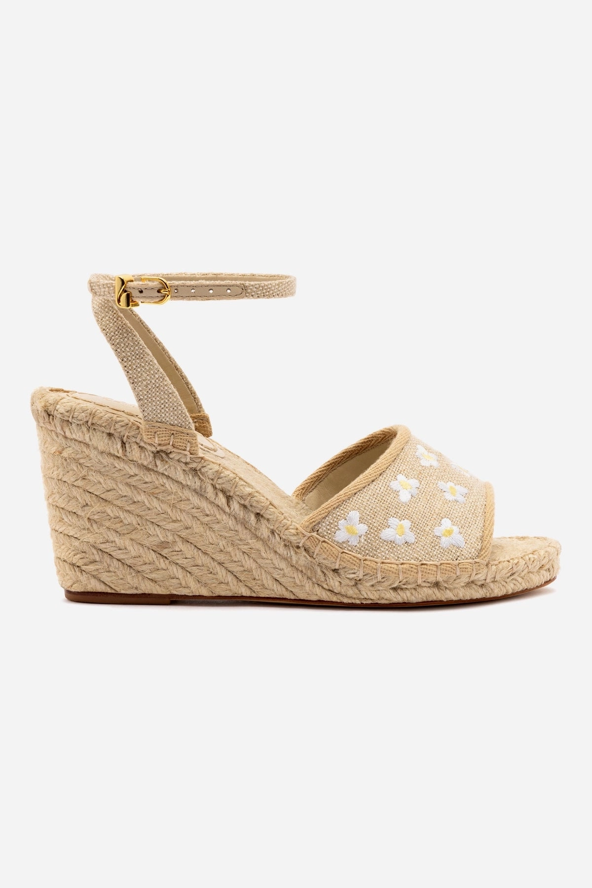 Letizia Espadrille Wedge In Raw Linen and Daisy Embroidery Heat Proof