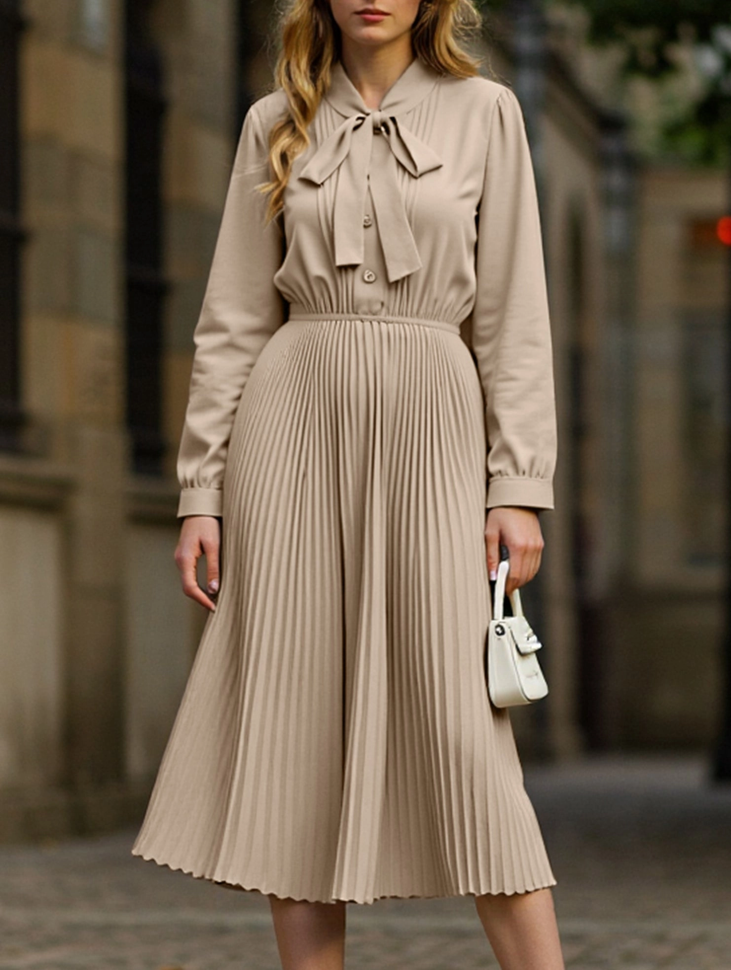 Front-Zip Chill Style Elegant pleated dress with bow tie collar