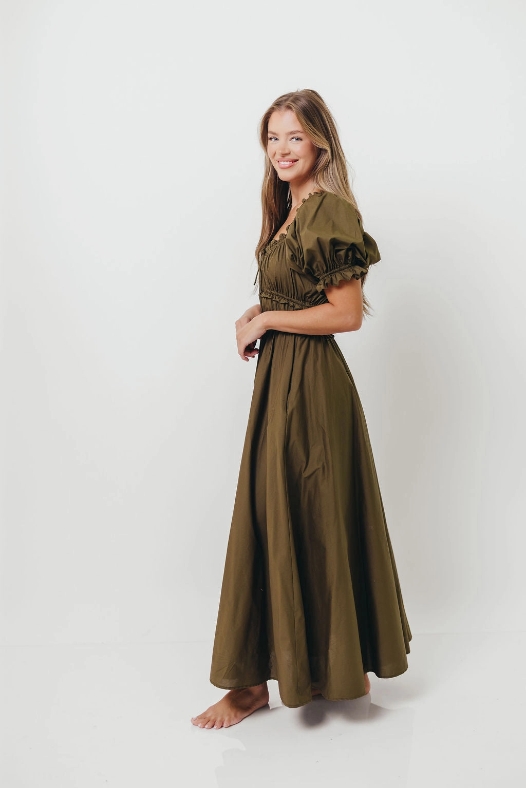 Sydnee Cotton Maxi Dress in Dusty Olive - Bump Friendly Linen Soft Statement-Print