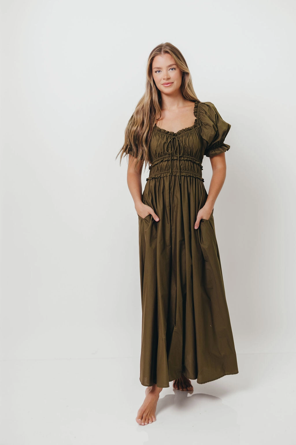 Weekend Edge Sydnee Cotton Maxi Dress in Dusty Olive - Bump Friendly