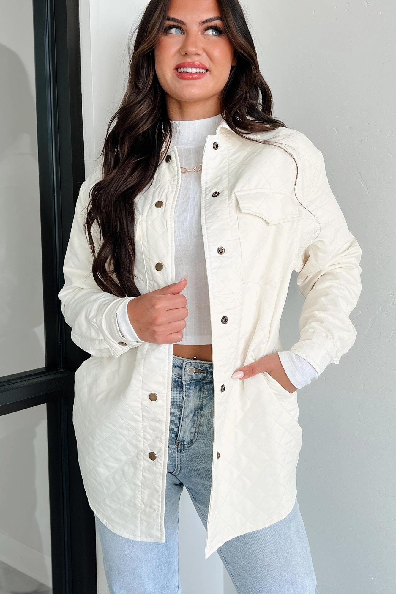 Hypoallergenic fabric Rubberized Trims Elevated Composure Quilted Long Shacket (Cream)