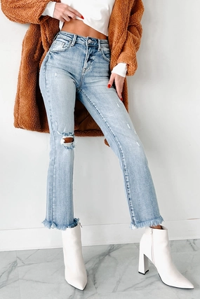 Eloise High Rise Distressed Crop Flare Risen Jeans (Medium) Daily Uniform Durable Eco Friendly