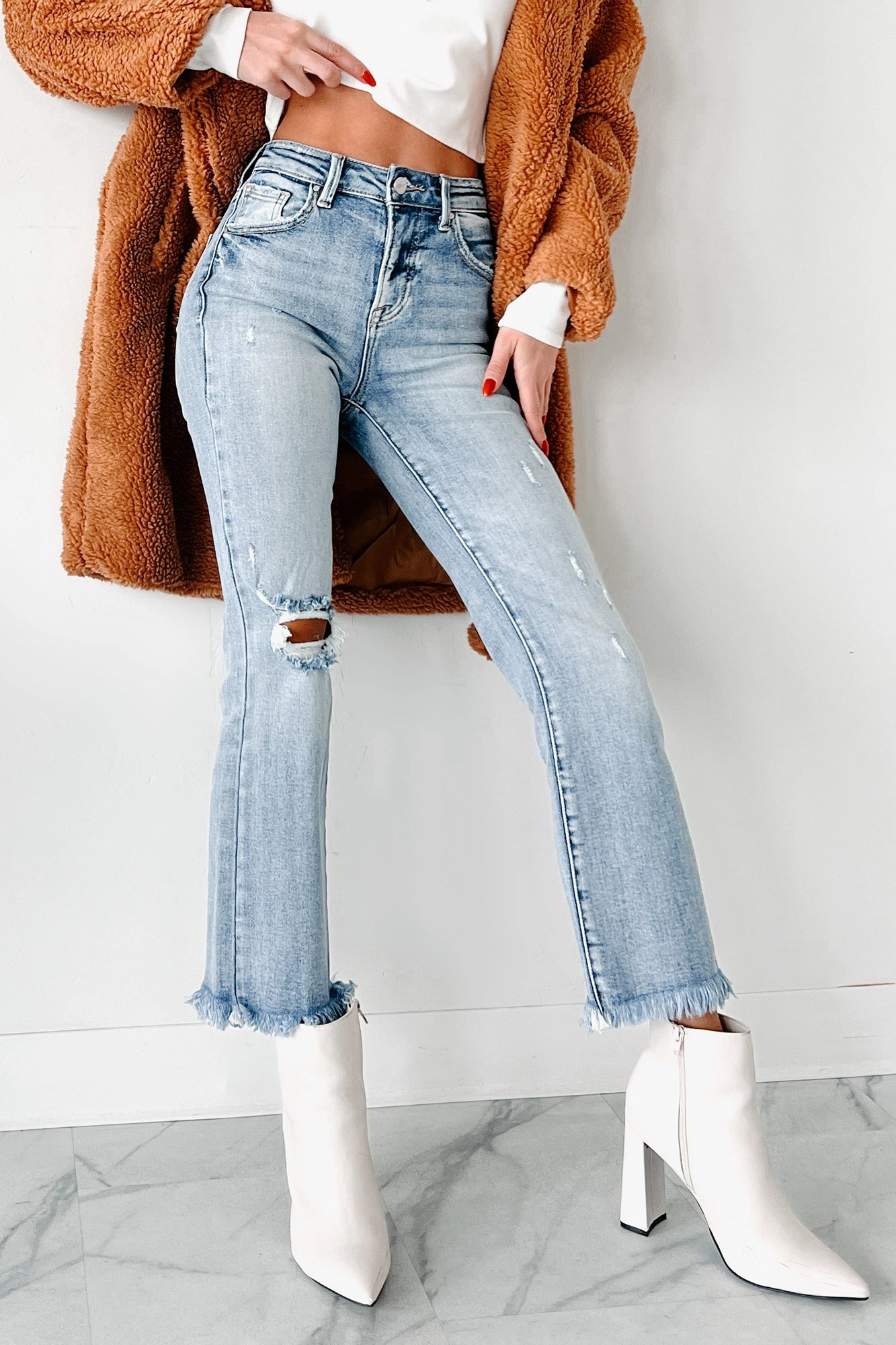 Eloise High Rise Distressed Crop Flare Risen Jeans (Medium) Daily Uniform Durable Eco Friendly