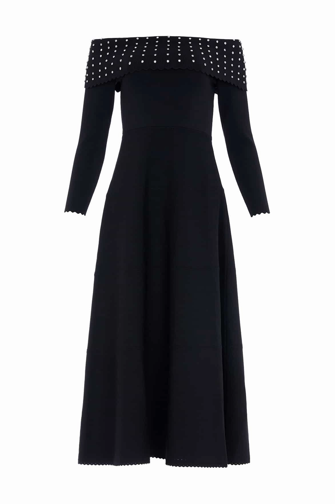 Interlock Knit Structure Embellished Bardot Knit Gown