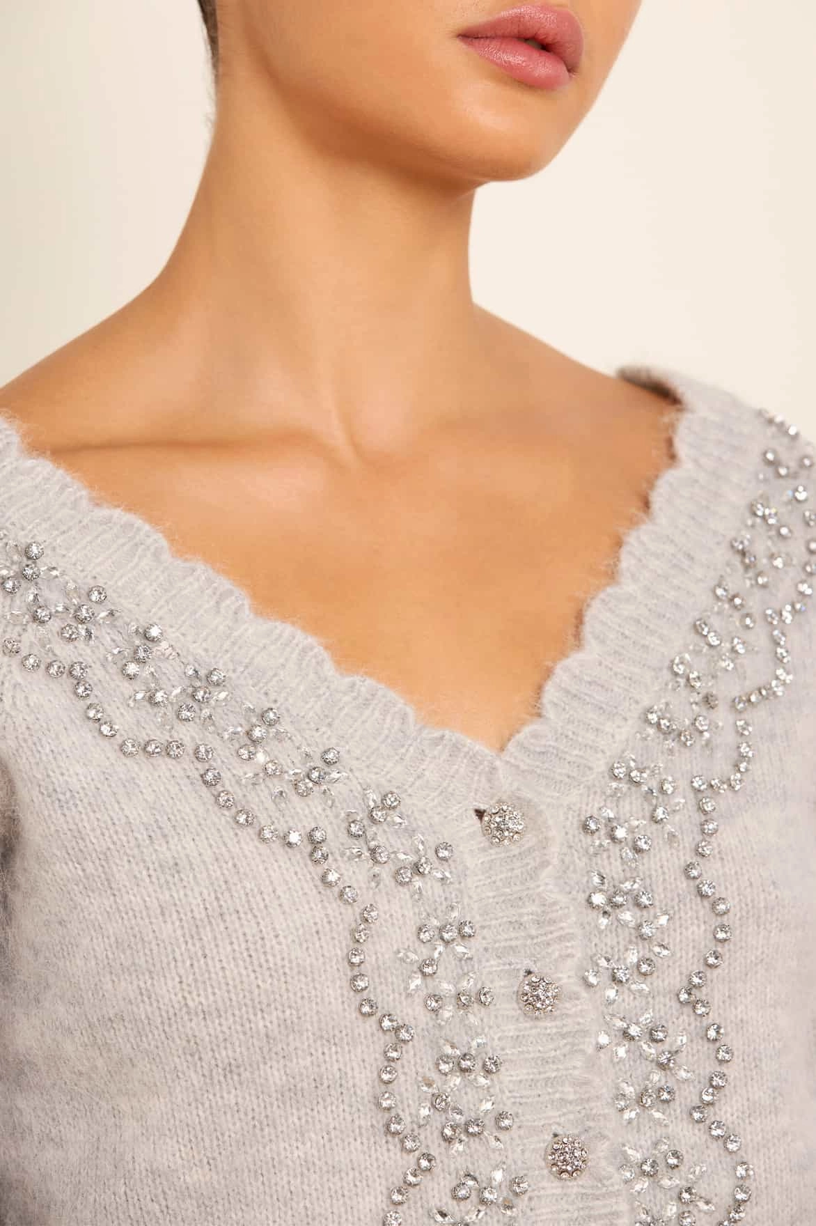 Morning Chill Breathable Openwork Knit Embellished V-Neck Short Cardigan