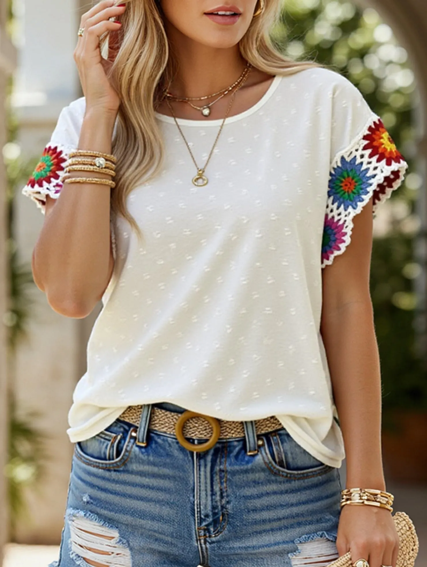 Heavyweight Weave Embroidered Polka Dot Top ??Women's Casual Round Neck Short Sleeve Blouse