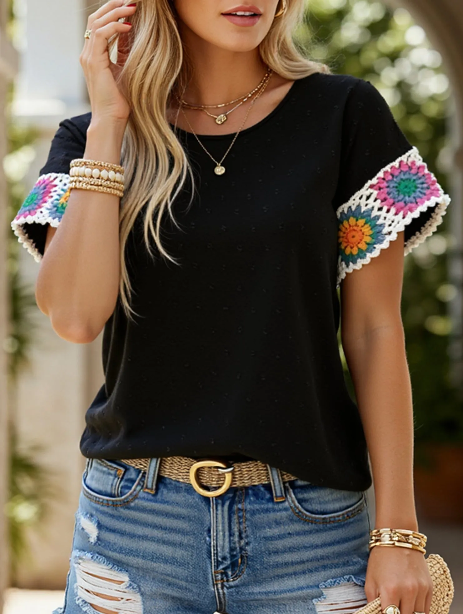 Bluesign Approved Material Embroidered Polka Dot Top ??Women's Casual Round Neck Short Sleeve Blouse