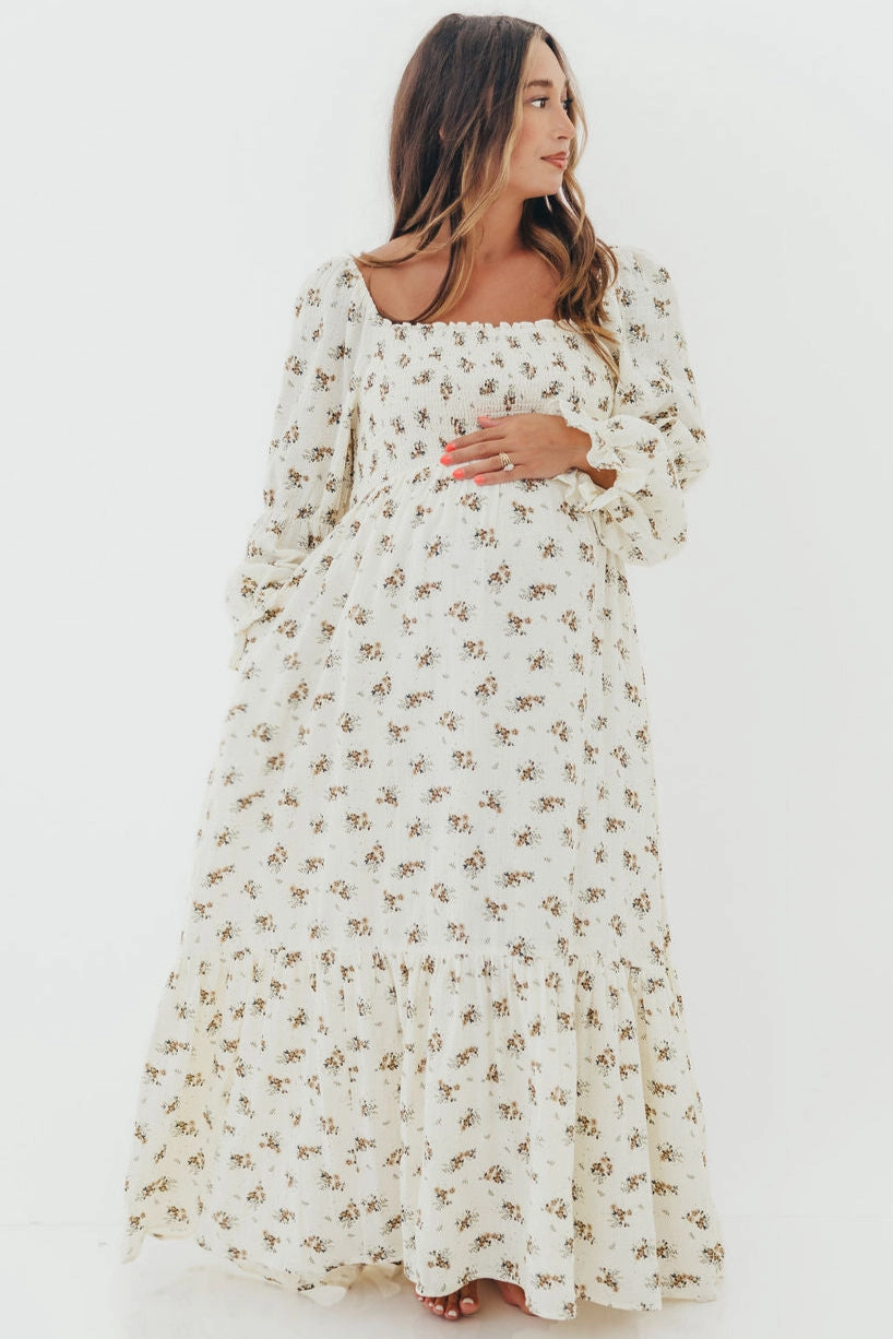 Smooth Tone Dropped-Waist Emerson 100% Cotton Smocked Maxi Dress with Long Sleeves in Off White - Bump Friendly
