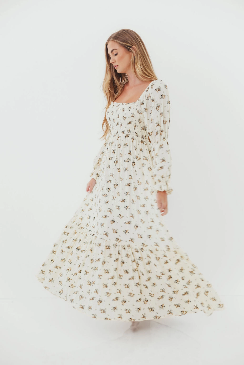 Emerson 100% Cotton Smocked Maxi Dress with Long Sleeves in Off White - Bump Friendly Fashion-Forward Fit