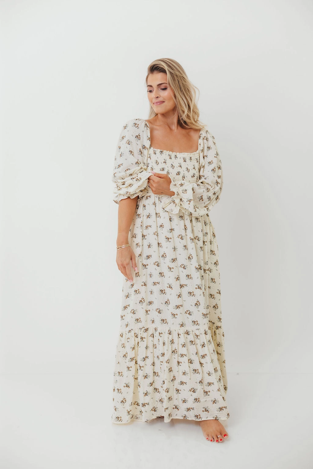 Emerson 100% Cotton Smocked Maxi Dress with Long Sleeves in Off White - Bump Friendly Day Love