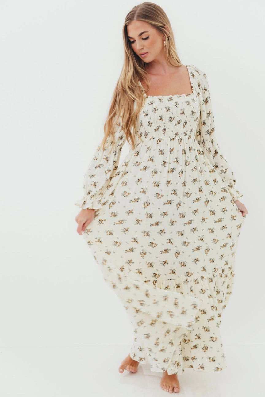 Emerson 100% Cotton Smocked Maxi Dress with Long Sleeves in Off White - Bump Friendly Warm Touch