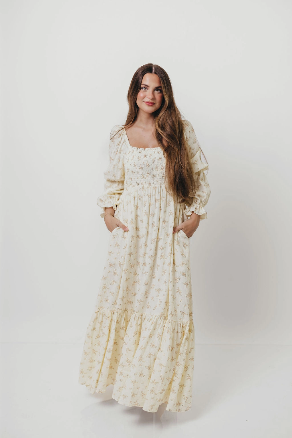 Emerson Smocked Maxi Dress in Blush Floral Feminine Mood