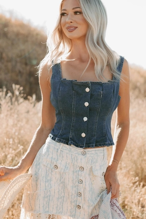 End Of Beginning Pleated Denim Tank Top (Denim) Autumn Days Parent Style