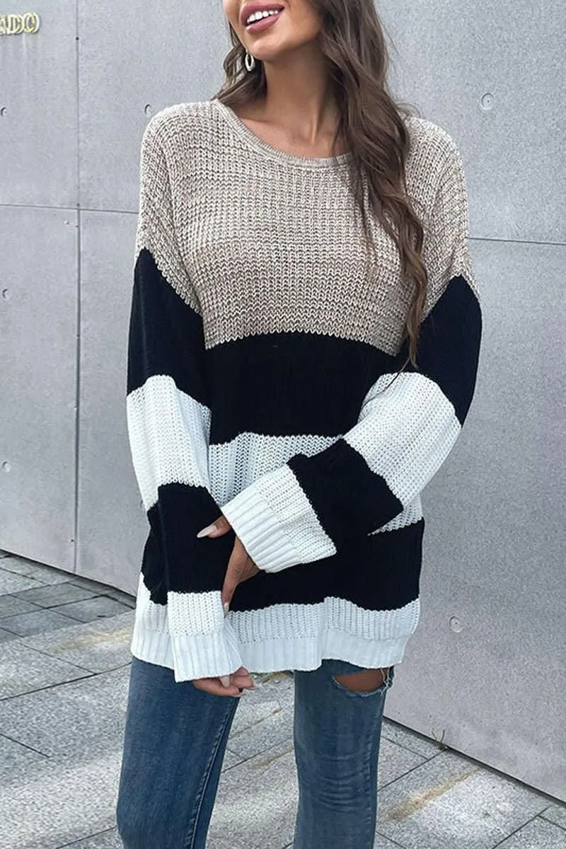 STRIPED ROUND NECK KNITTED SWEATER Vintage Wash Travel Wear