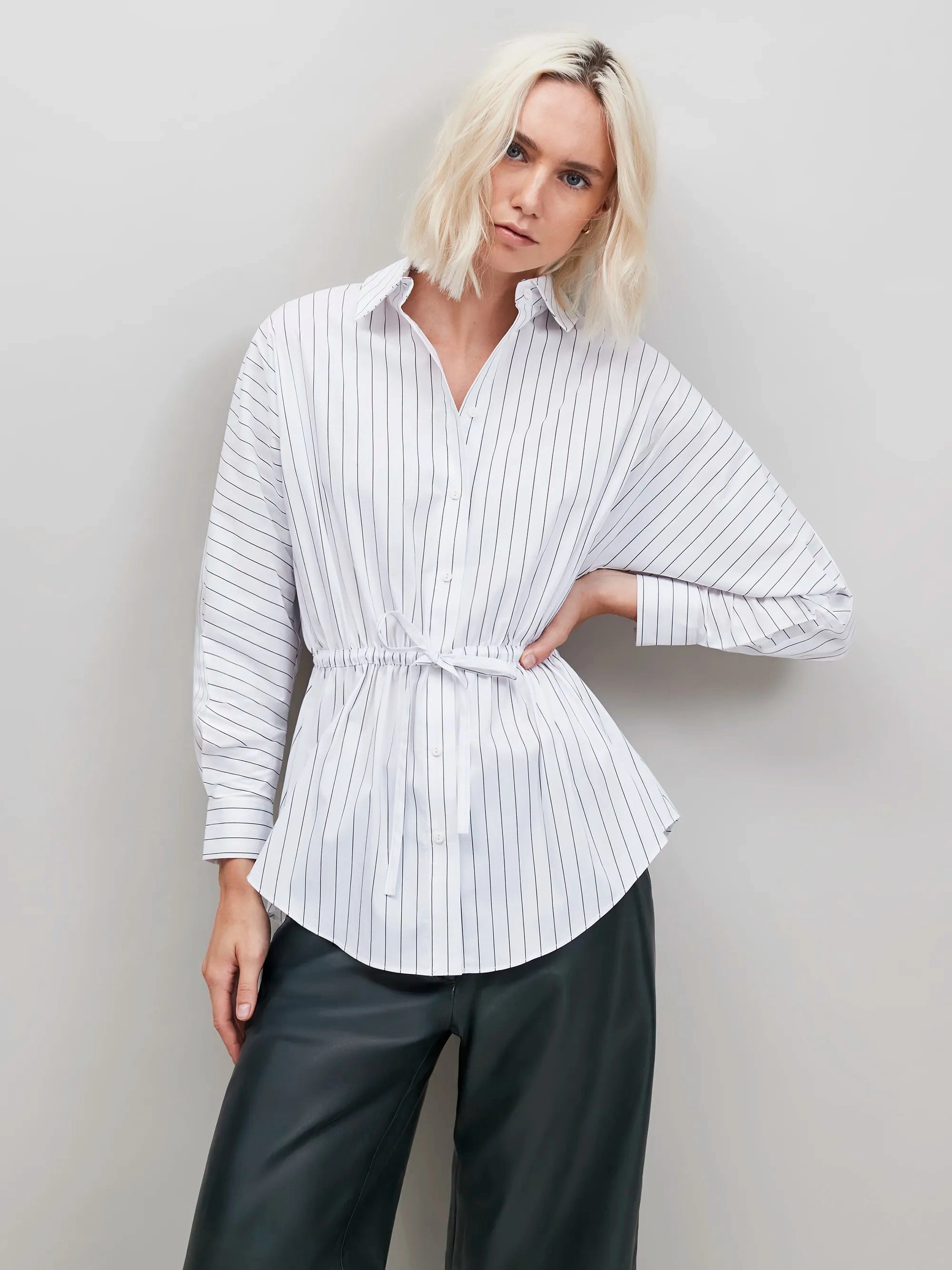 White Stripe Channel Waist Shirt Wrinkle Free Texture