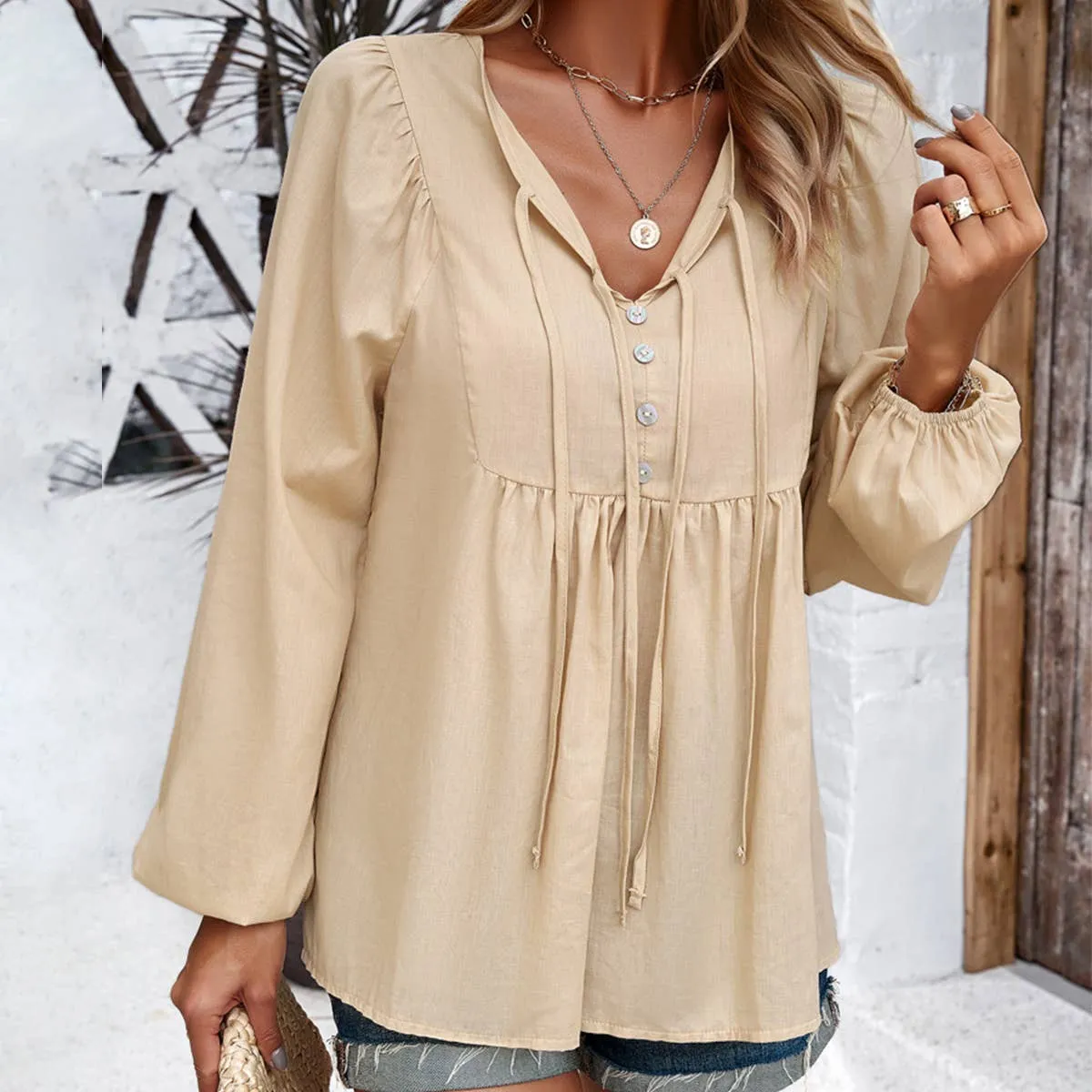 COTTON WICKING V COLLAR BLOUSE_CWTBLL0779 Sustainable Manufacturing