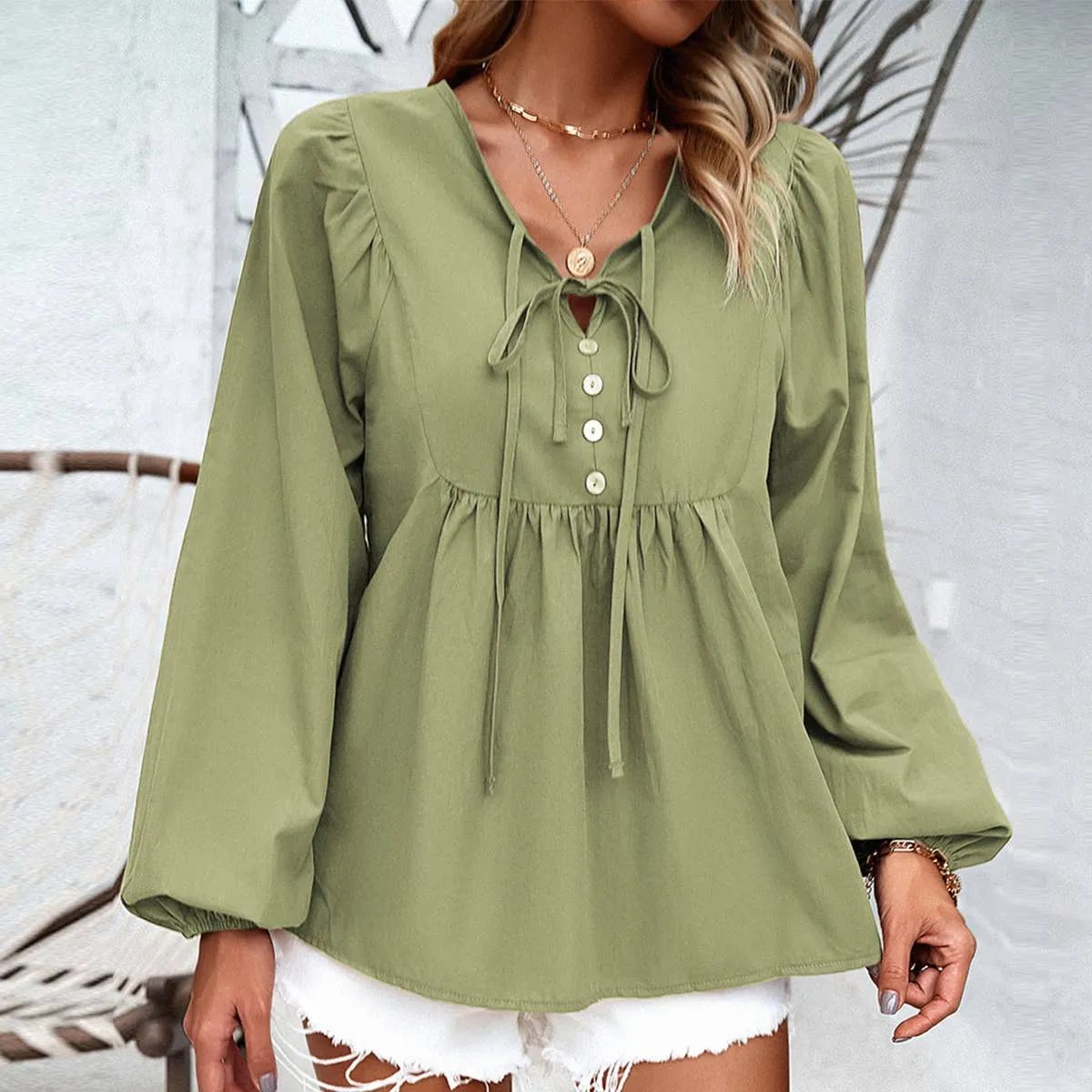 COTTON WICKING V COLLAR BLOUSE_CWTBLL0779 Casual Elegance Soft and Stylish