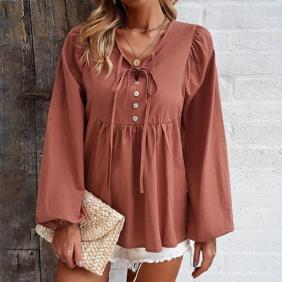 Flexible Hemline NonIrritatingEdges COTTON WICKING V COLLAR BLOUSE_CWTBLL0779