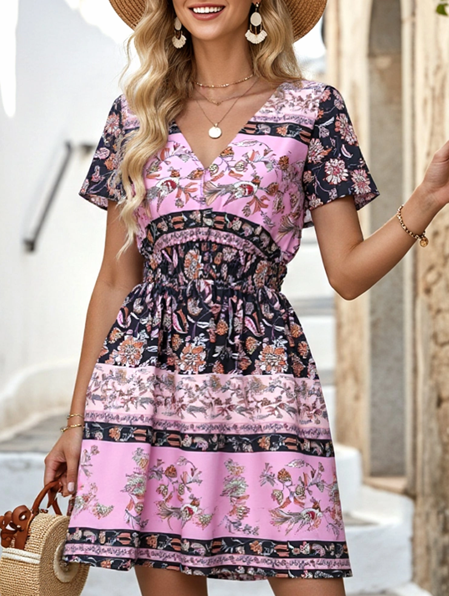 Aura Glow Ethnic Bohemian Print Midi Dress ??Casual Flowing Summer Dress