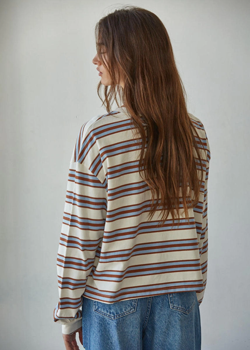 High Neck Design Everly Striped Long Sleeve - Blue & Camel