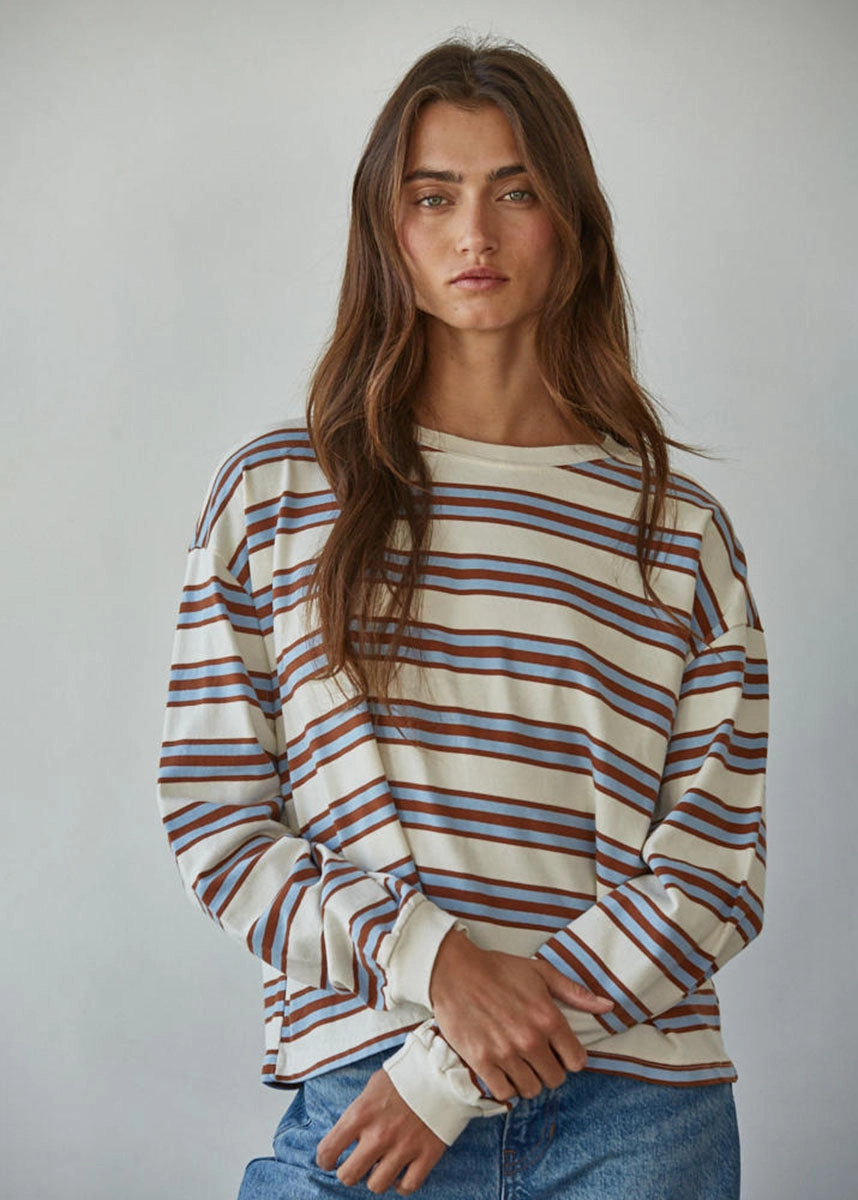 Everly Striped Long Sleeve - Blue & Camel Quick Dry Feature TexturedSurface