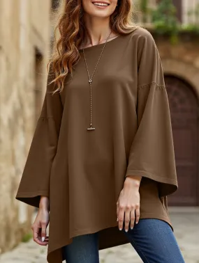 Solid color round neck slit long sleeve loose top Easy to Style Distressed Hem Finish