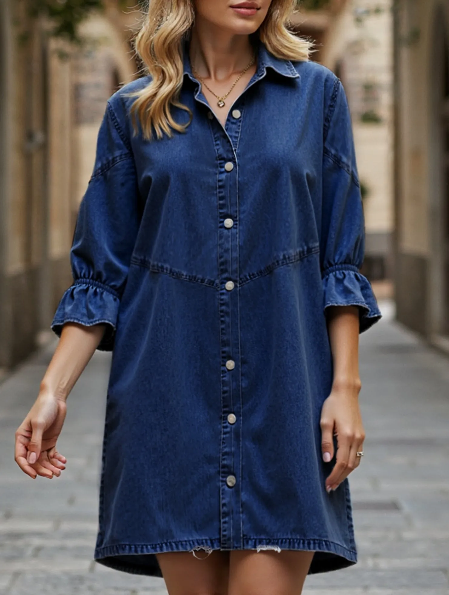 Effortless Style Single-row multi-button denim dress