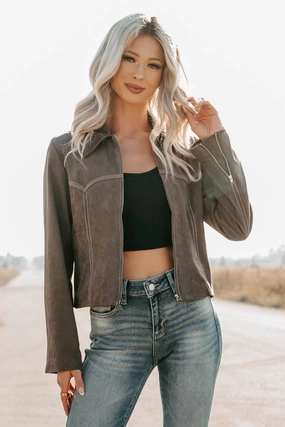 Exploring More Faux Suede Zip-Up Jacket (Charcoal) - Ships by 10/10 Cooperate