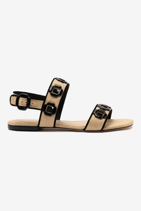 Tailored Fit Wide Strap Milan Flat Sandal In Beige Raffia and Black Trimming