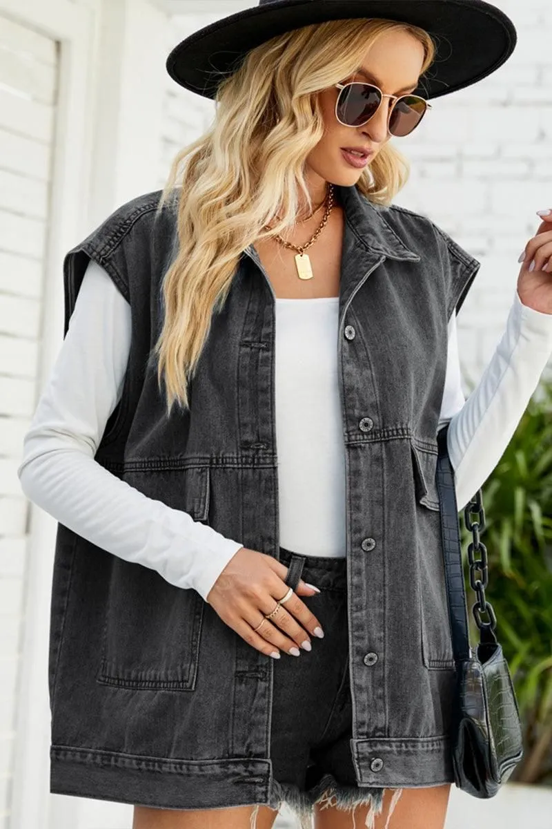 FADED DENIM BUTTON UP FLAT POCKET COLLAR VEST Adjustable Hem System