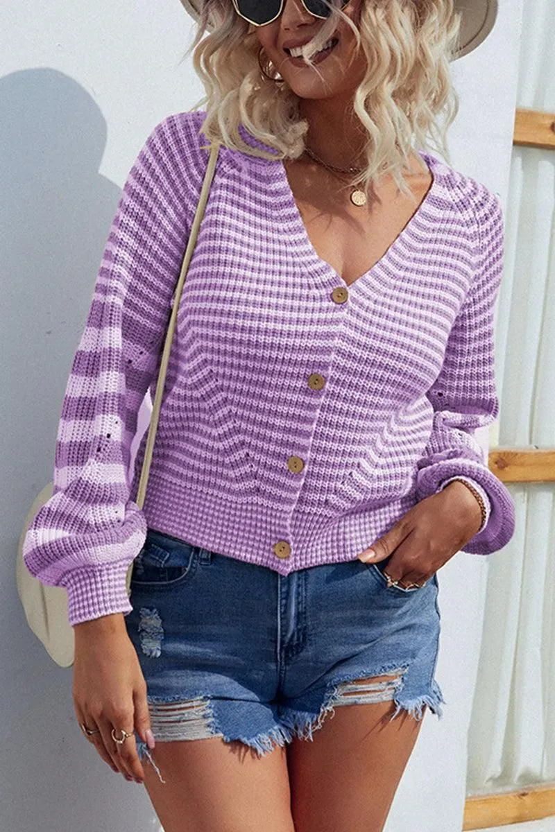 Ultimate Warmth Seasonal Essentials BUTTON DOWN STRIPE KNITTED SHORT CARDIGAN