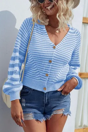 Resilient Fabric Blend BUTTON DOWN STRIPE KNITTED SHORT CARDIGAN