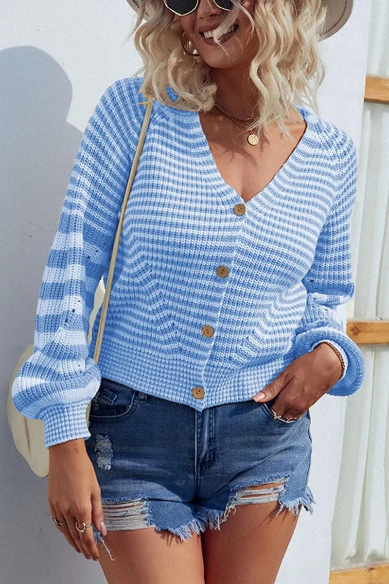 Goggles Functional Style BUTTON DOWN STRIPE KNITTED SHORT CARDIGAN