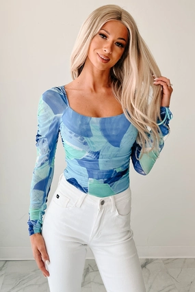 Outdoor Comfort Faint Freshness Abstract Mesh Long Sleeve Bodysuit (Blue)