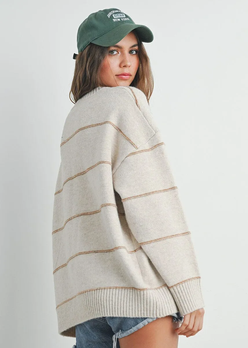 Garment Dyed Finish Seasonal Layers Carlyle Striped Drop-Shoulder Sweater - Taupe Multi