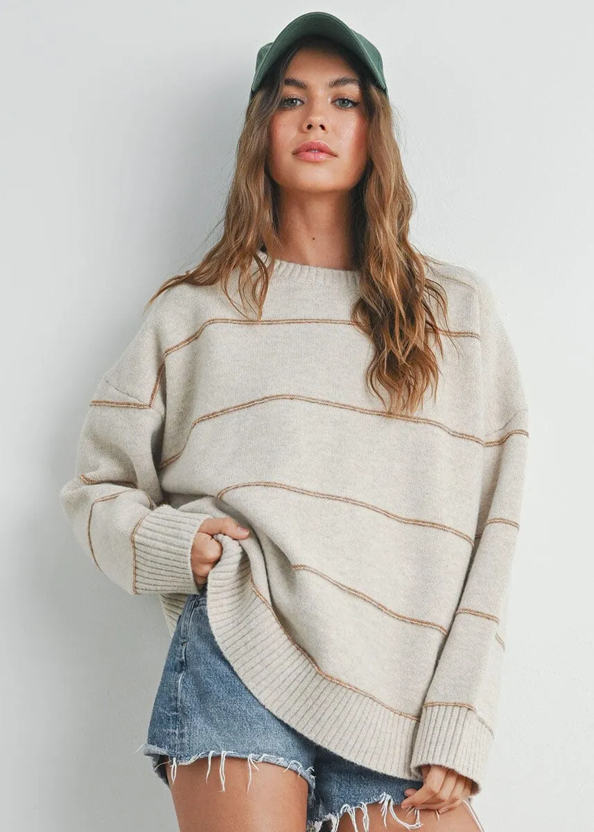 Carlyle Striped Drop-Shoulder Sweater - Taupe Multi Casual Chic Ergonomic Sleeve Shape
