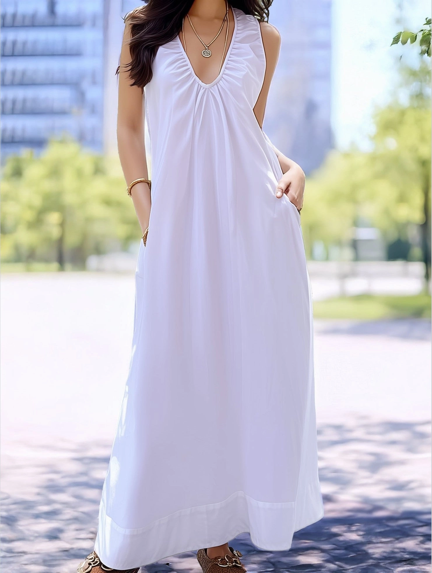 Seaside Vacation Sleeveless U-Neck Maxi Dress ??Flowy Resort Style urban vibe Light Blend