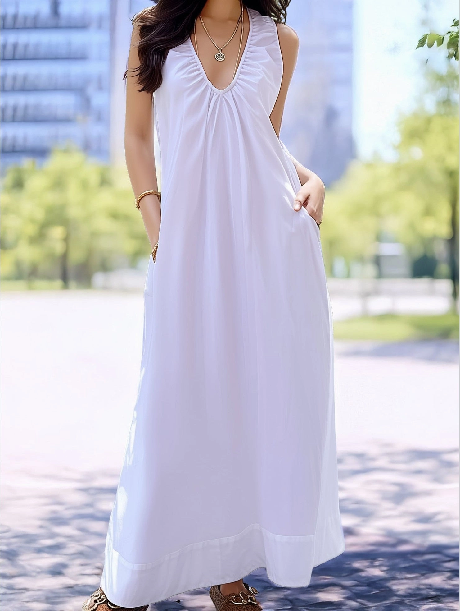 Seaside Vacation Sleeveless U-Neck Maxi Dress ??Flowy Resort Style Bright Feel Power Soft