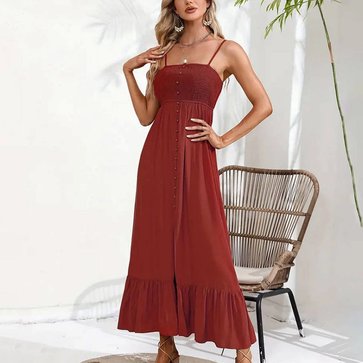 BUTTONS ADORN A SLIT HALTER DRESS_CWDMD1719 Neutral Look Fast Chic