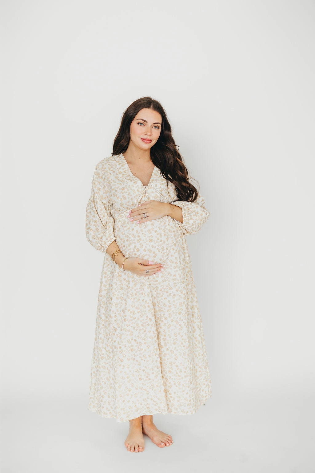 SustainableCotton Minimal Curve Hunter 100% Cotton Gauze Midi Dress in Natural/Fawn Floral - Bump Friendly