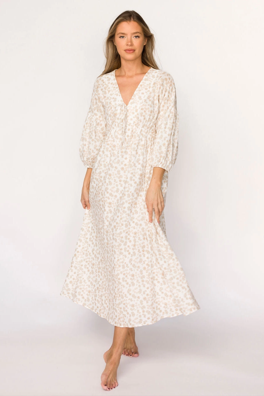 Breeze Grace Confident Touch Hunter 100% Cotton Gauze Midi Dress in Natural/Fawn Floral - Bump Friendly