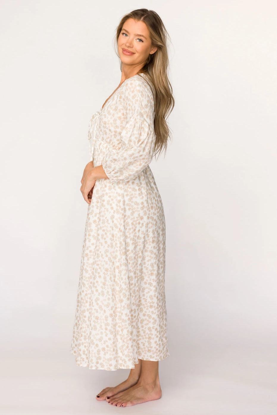 Hunter 100% Cotton Gauze Midi Dress in Natural/Fawn Floral - Bump Friendly Comfy Wear Night wear