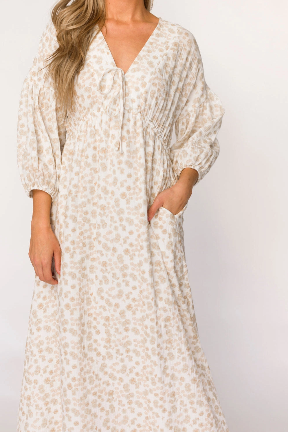 All-Day Wear Hunter 100% Cotton Gauze Midi Dress in Natural/Fawn Floral - Bump Friendly