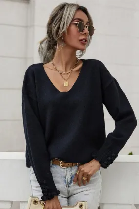DoubleLayeredShoulders BUTTON LOOSE SOLID COLOR PULLOVER SWEATER