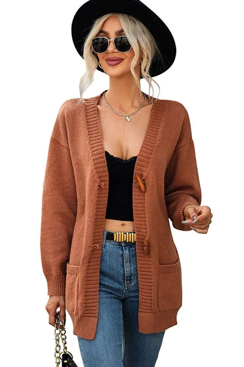Relaxed Top Adaptive Waistband TOGGLE CLOSURE RIBBED CARDIGAN WITH POCKETS
