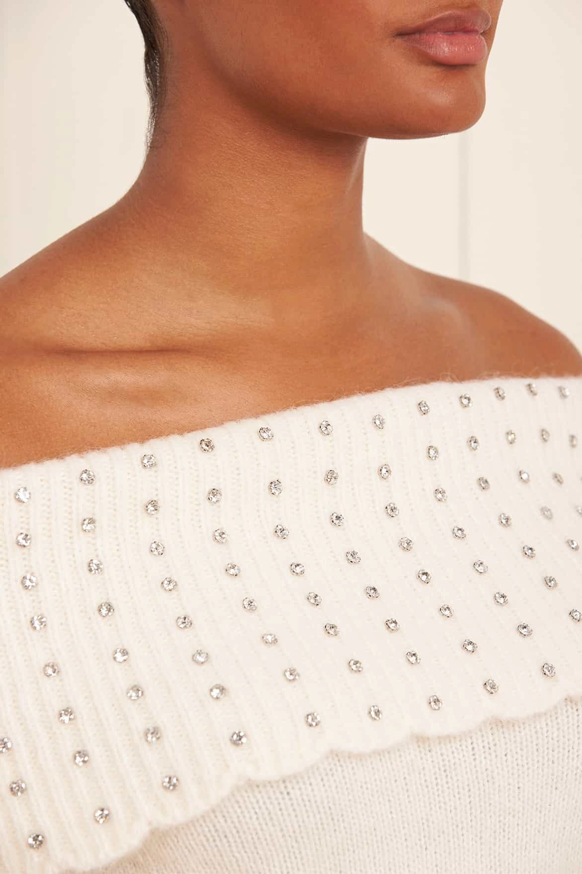 SheerWeight Knit Wide Hem Detail Embellished Bardot Jumper