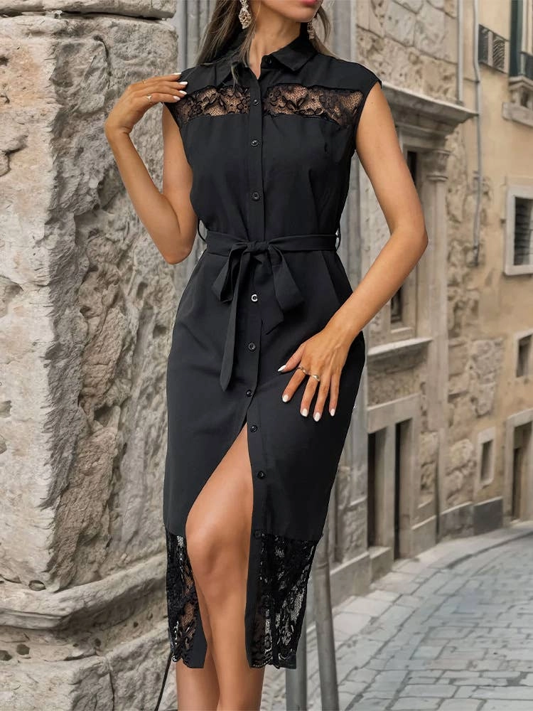 Front-Slit Sleek Touch CHINESE LAPEL LACE PATCHWORK DRESS_CWDSD3973