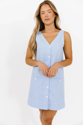 Delicate Tone Tasi Contrast Stitch Mini Dress in Chambray *Final-Sale*